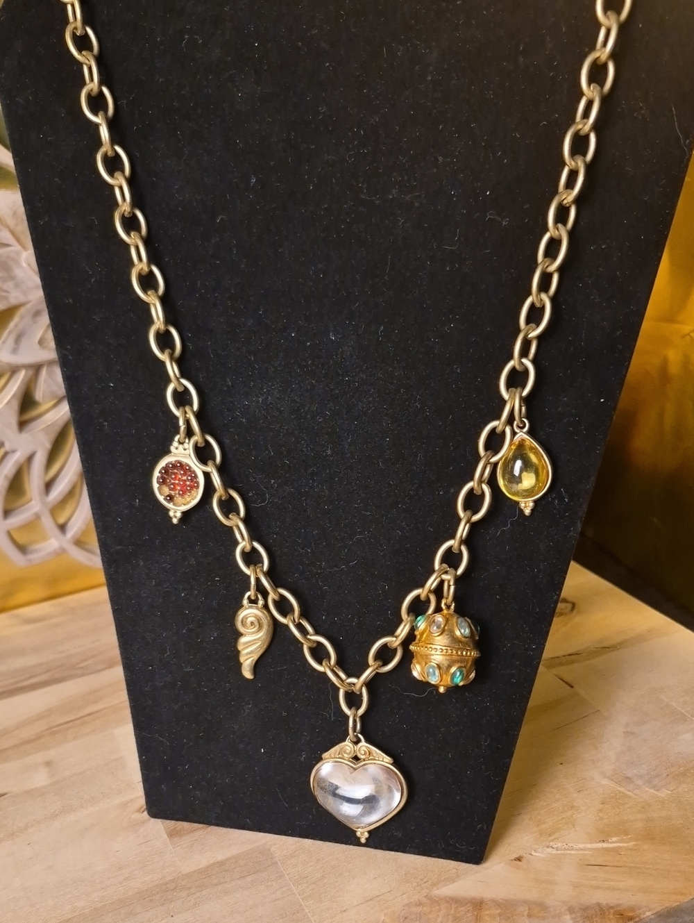 Gold-Tone Heart Charm Necklace with Multi-Accent Charms